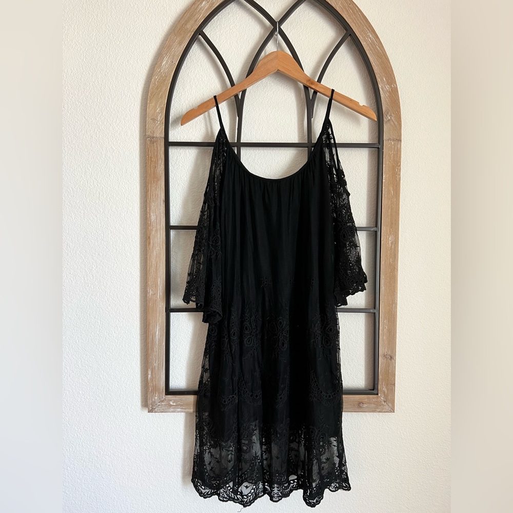 Flowy, cold shoulder, sheer lace black dress